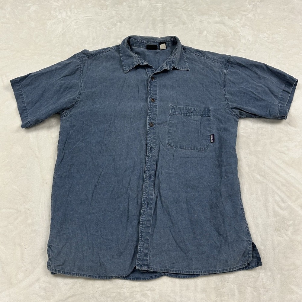 Patagonia Button Down Shirt Mens Medium Blue 100% Hemp Short Sleeve Pocket